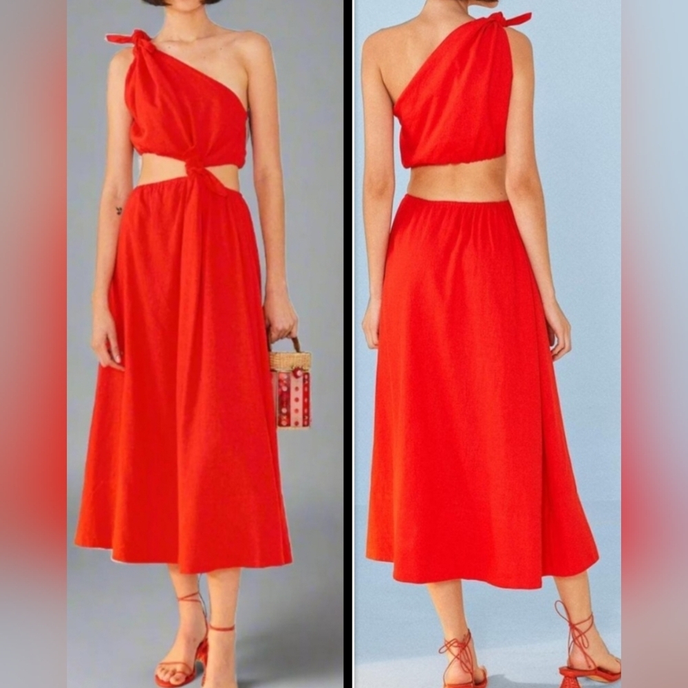 FARM Rio One-Shoulder Red Cutout Midi Dress